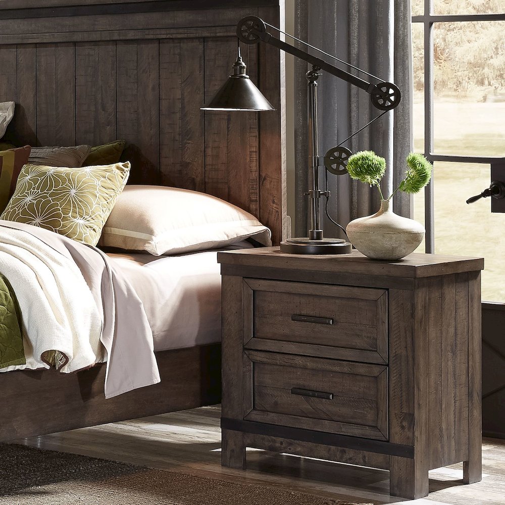 King Bookcase Bed, Dresser & Mirror, Night Stand - Rock Beaten Brown w/ Saw Cuts