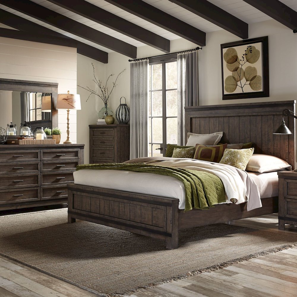 Thornwood Hills King Panel Bed, Dresser & Mirror - Rock Beaten Brown w/ Saw Cuts