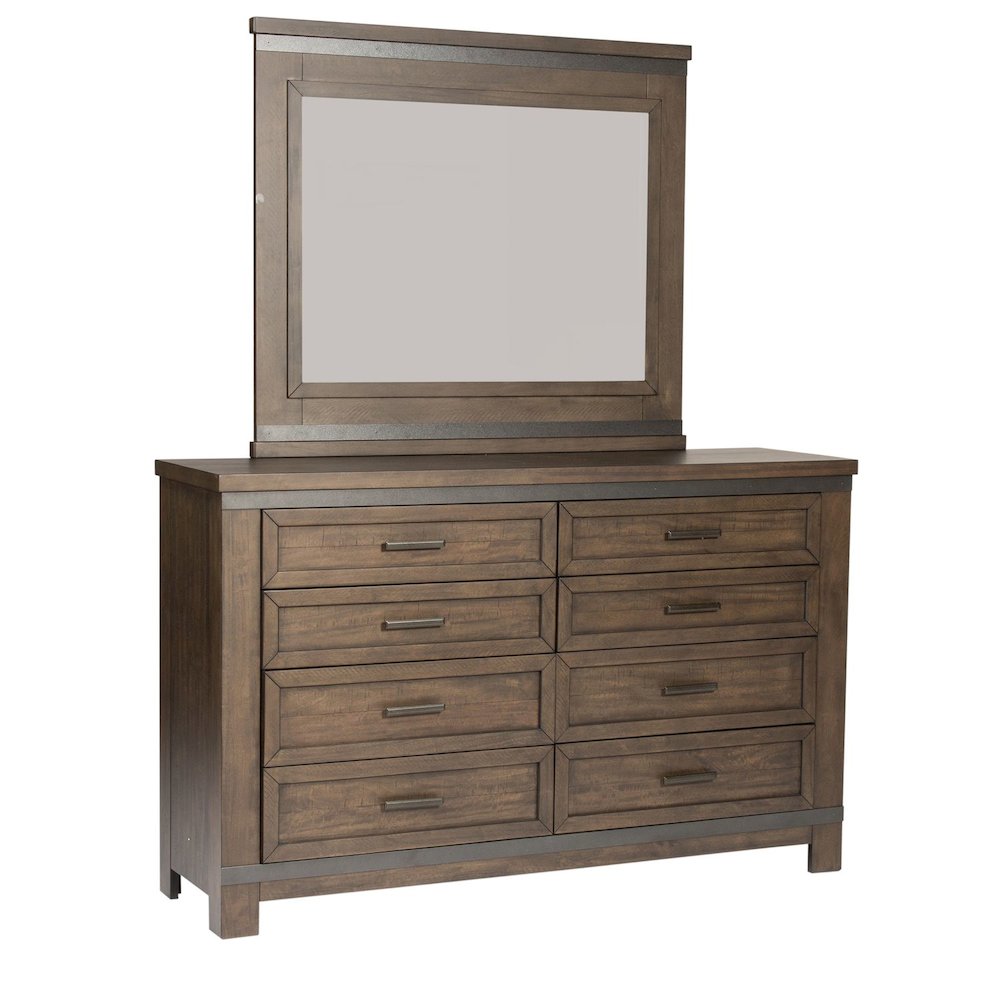 Thornwood Hills King Panel Bed, Dresser & Mirror - Rock Beaten Brown w/ Saw Cuts