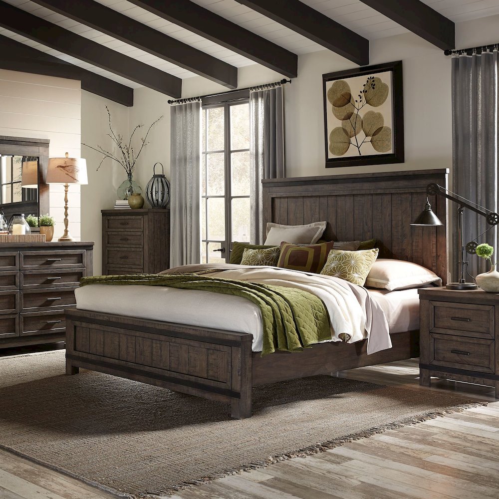 Thornwood Hills King Panel Bed, Dresser & Mirror - Rock Beaten Brown w/ Saw Cuts