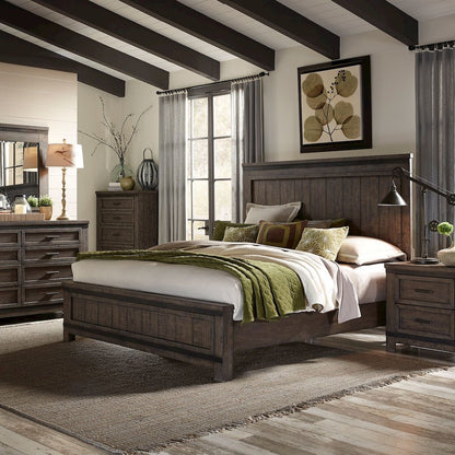 Thornwood Hills King Panel Bed, Dresser & Mirror - Rock Beaten Brown w/ Saw Cuts