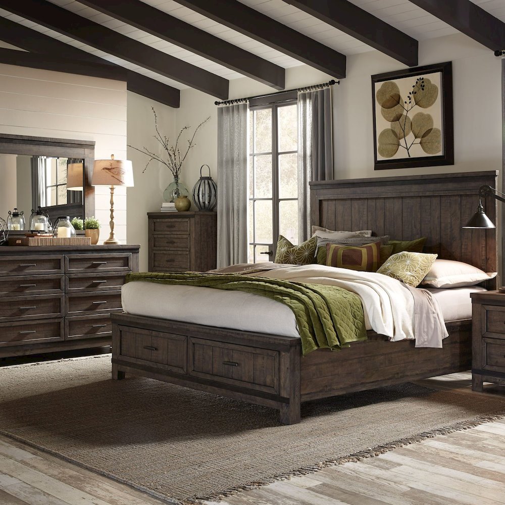 King Storage Bed, Dresser & Mirror - Rock Beaten Brown w/ Saw Cuts