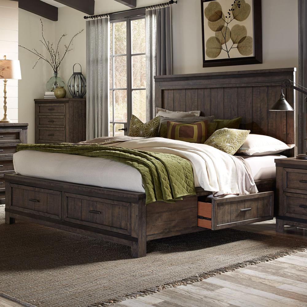 Thornwood Hills Queen Two Sided Storage Bed in Rock Beaten Brown w/ Saw Cuts