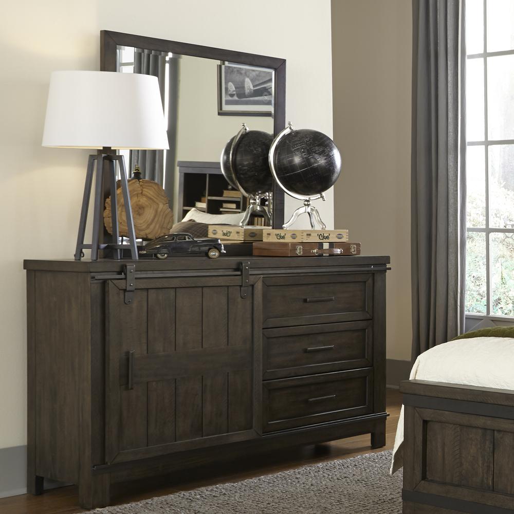 Thornwood Hills Dresser & Mirror in Rock Beaten Brown w/ Saw Cuts
