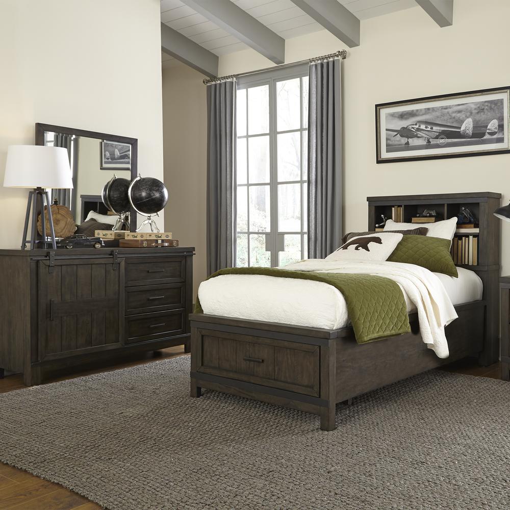 Thornwood Hills Twin Bookcase Bed in Rock Beaten Brown w/ Saw Cuts