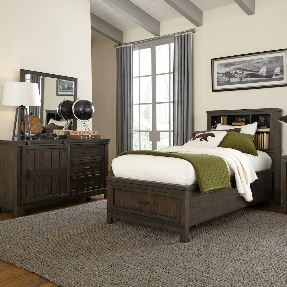Twin Bookcase Bed, Dresser & Mirror in Rubberwood Solids and Mango Veneers