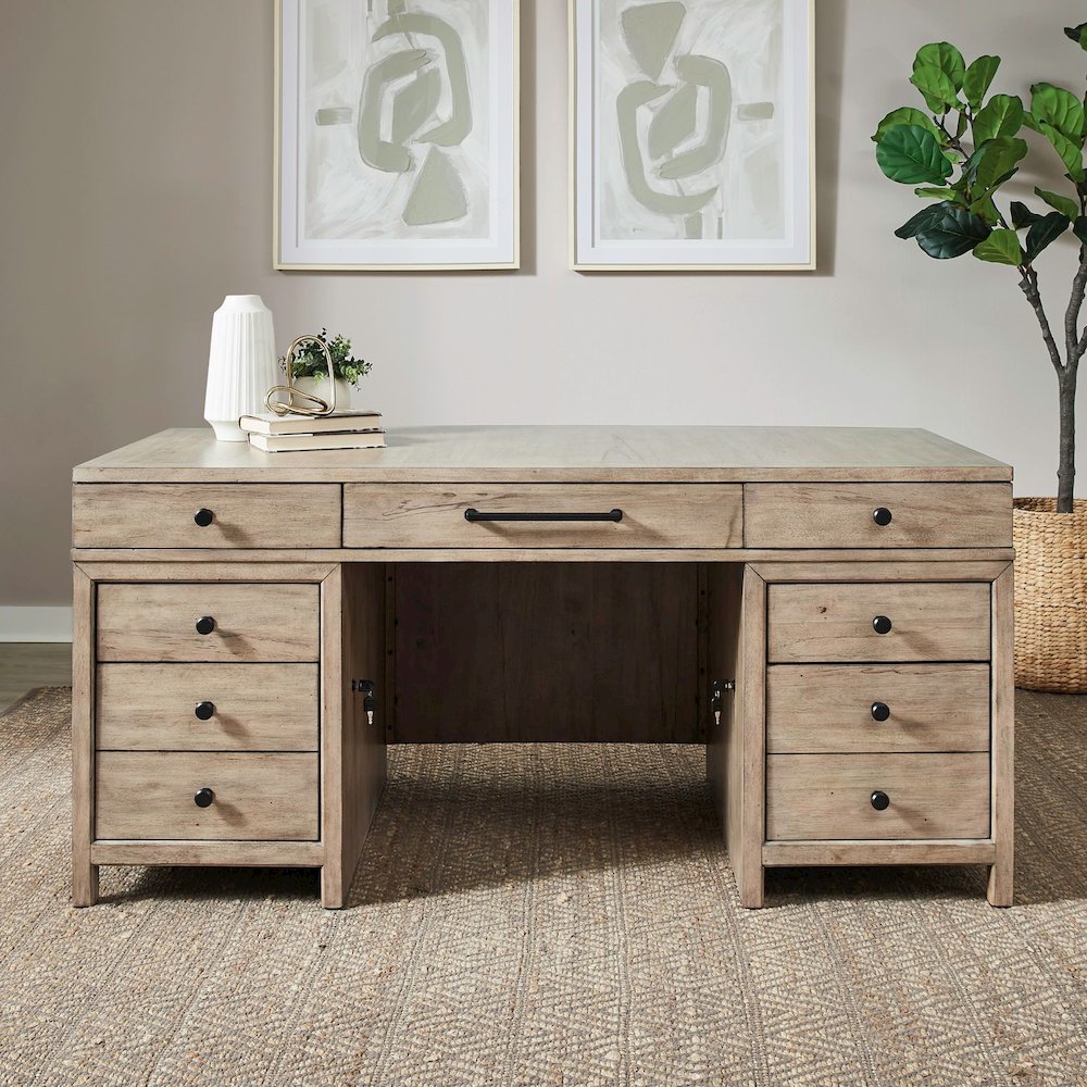 Executive Desk with Keyboard Tray Locking File Drawers Home Office Storage