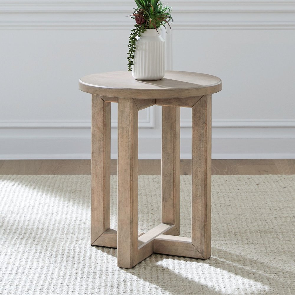 Living Room Round Chairside Table Center Trestle - Barley Buff Birch Wood