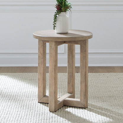 Living Room Round Chairside Table Center Trestle - Barley Buff Birch Wood