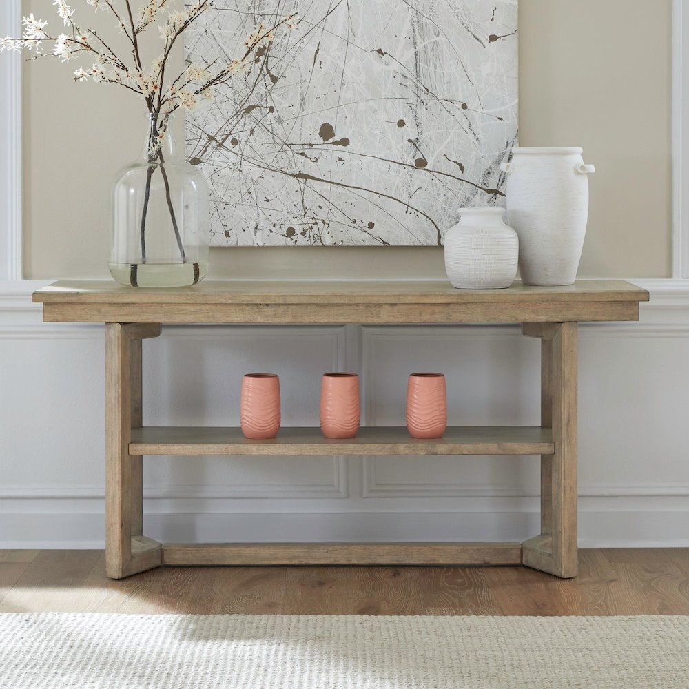 Living Room Sofa Table Center Trestle Display Shelf - Barley Buff Birch Wood