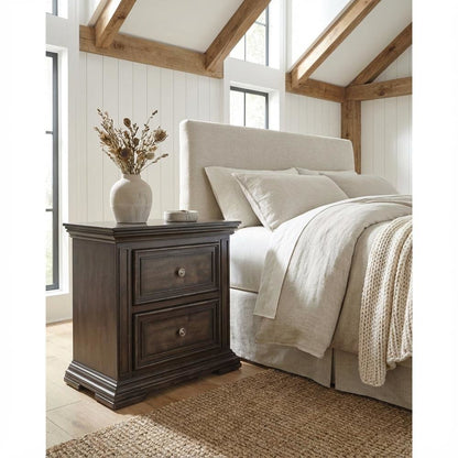 Brown Nightstand with Two Drawers and Charging Station for Bedroom Storage