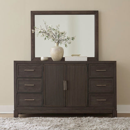 Modern Edge Queen Upholstered Bed, Dresser & Mirror, Chest Bedroom Set - Caffe