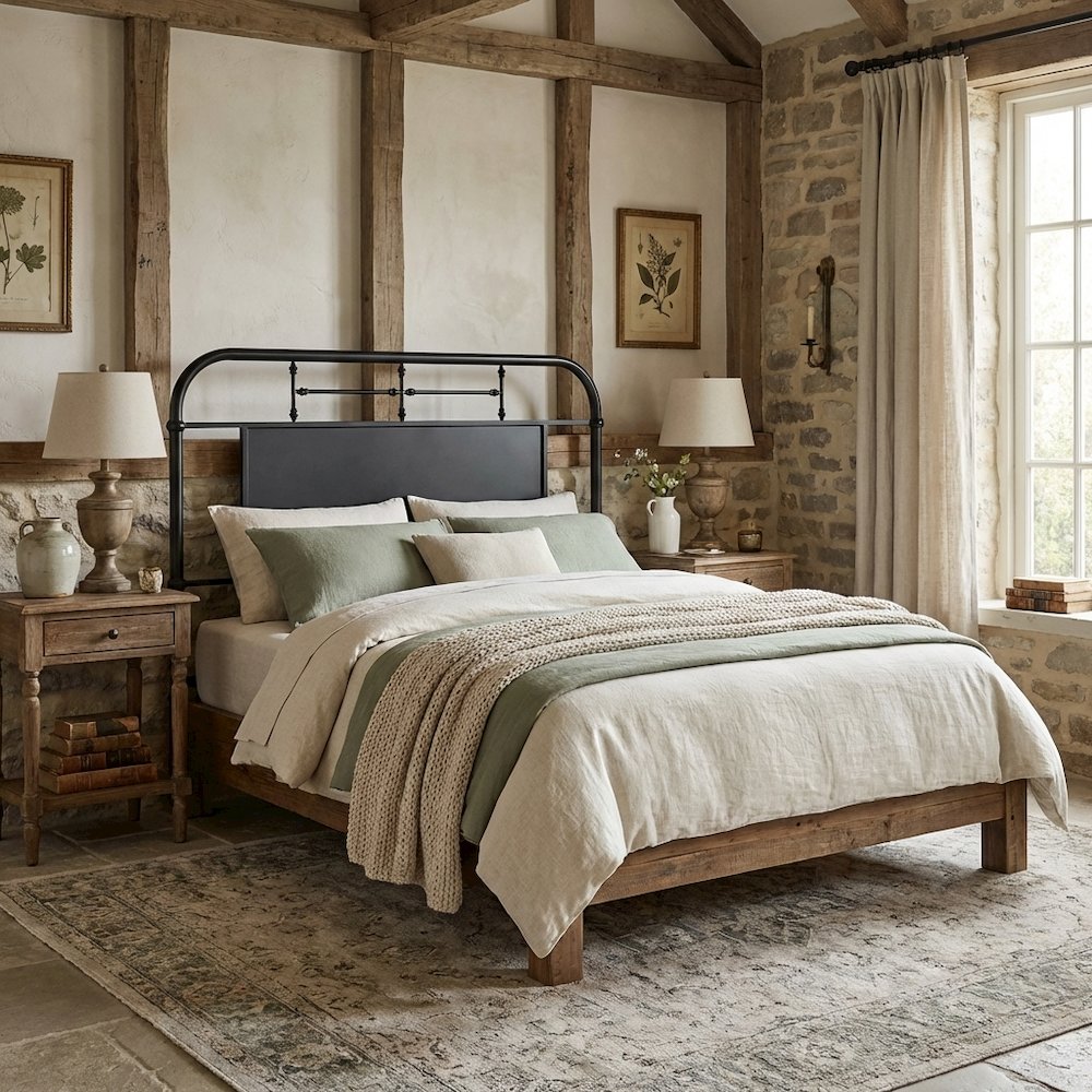 Distressed Metal Queen Metal Headboard with Vintage Design and Metal Tube Frame