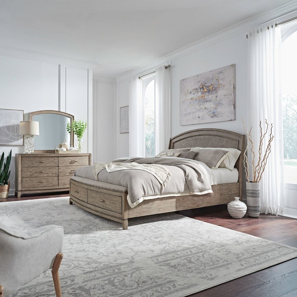 Queen Panel Storage Bed, Dresser & Mirror,  Bedroom Sets, Burnished Beige