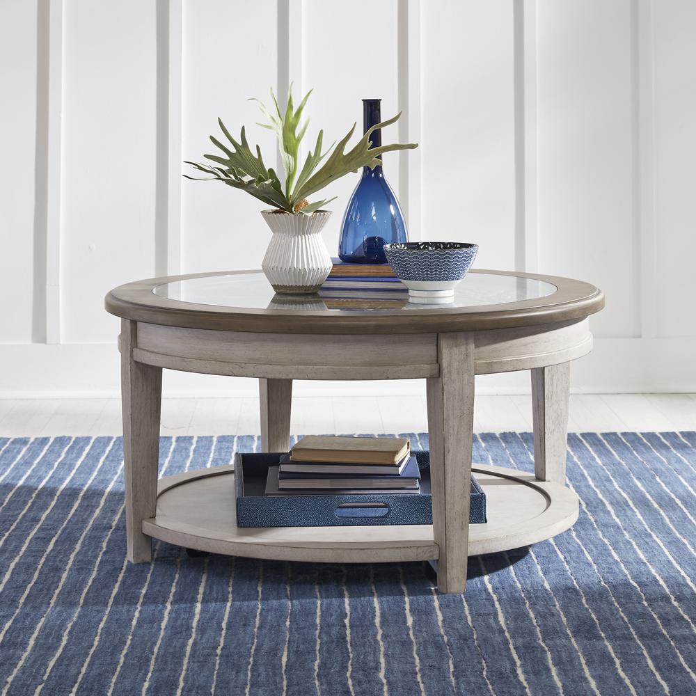 Heartland Round Ceiling Tile Cocktail Table in Antique White w/ Tobacco Top