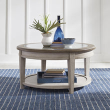 Heartland Round Ceiling Tile Cocktail Table in Antique White w/ Tobacco Top