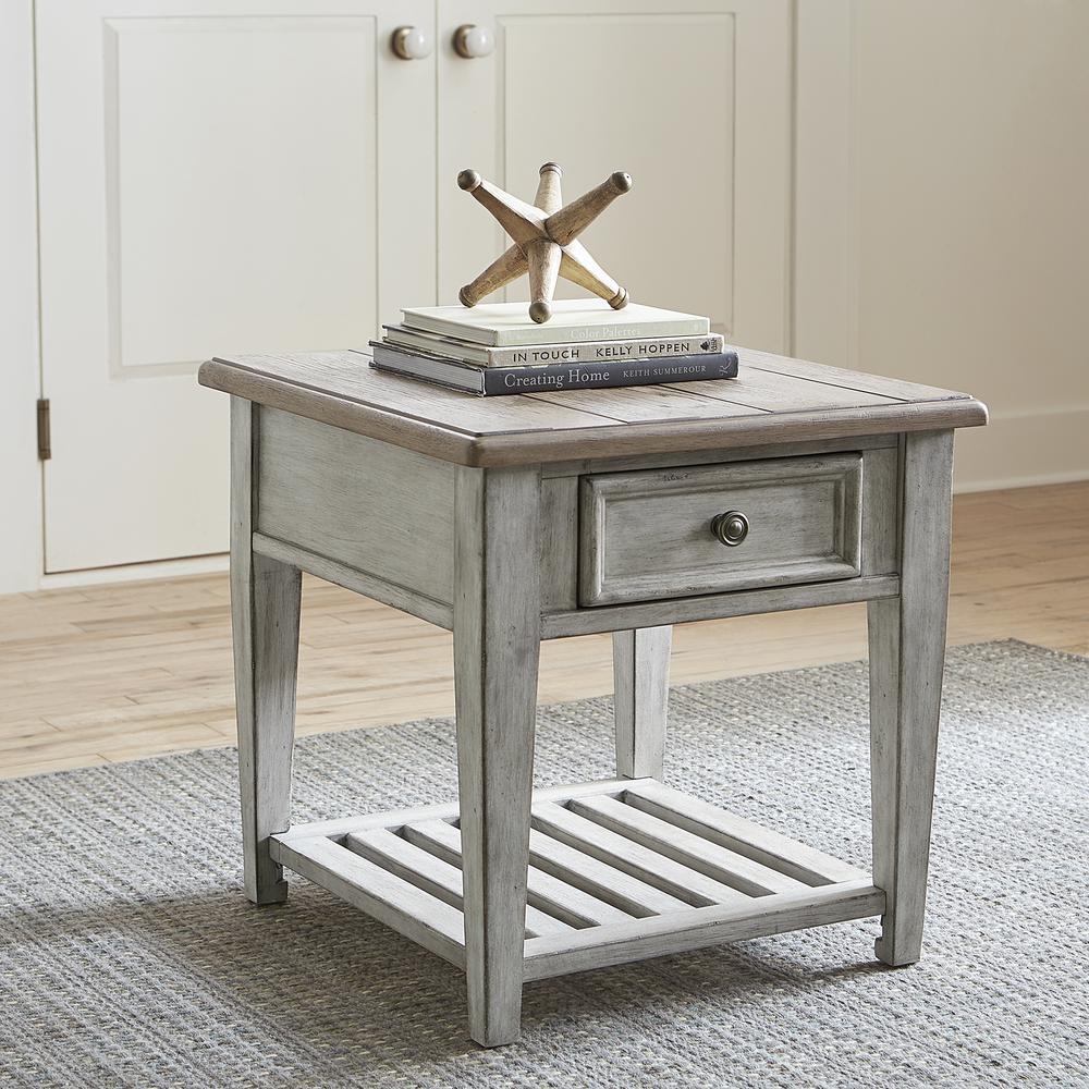 Heartland Drawer End Table in Antique White w/ Tobacco Top