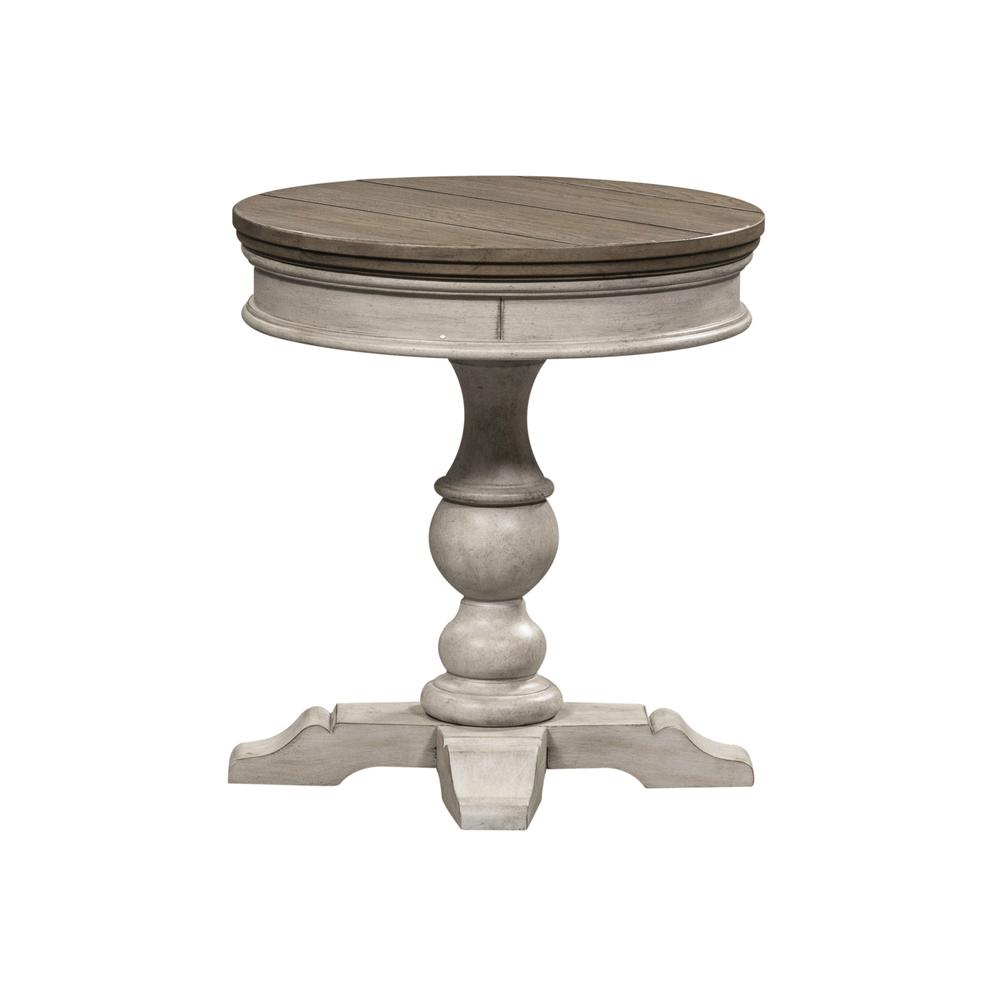 Heartland Round Pedestal Chair Side Table in Antique White w/ Tobacco Top