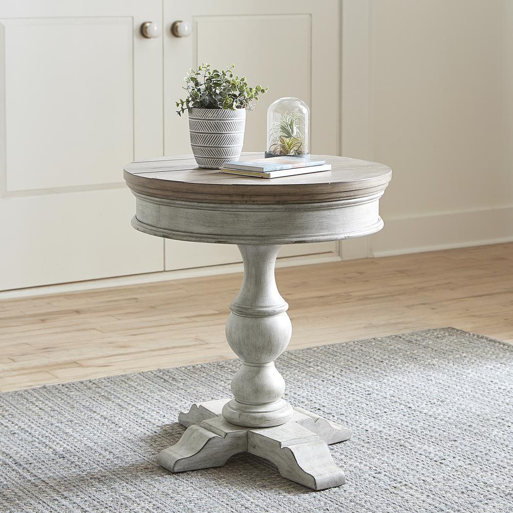 Heartland Round Pedestal Chair Side Table in Antique White w/ Tobacco Top