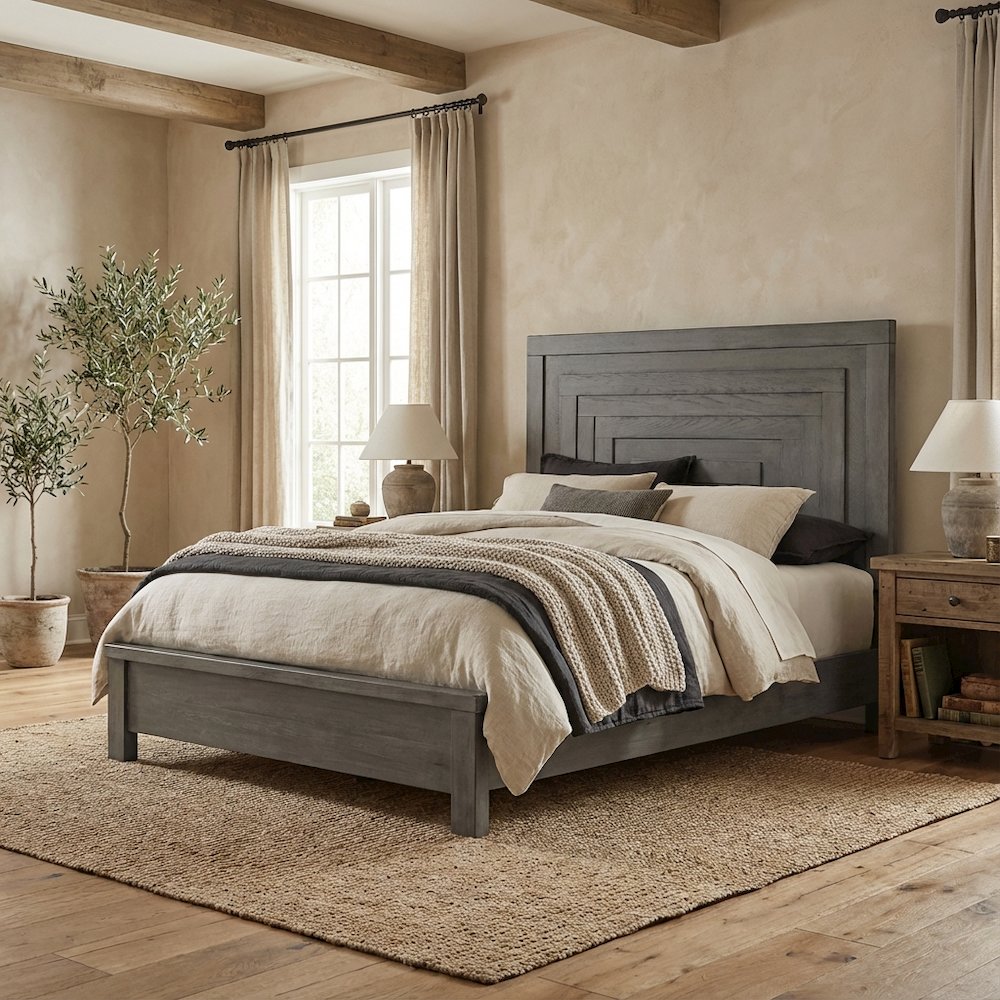 Dusty Charcoal Panel Headboard, Heavy Distressing Solid, Manufactured Wood