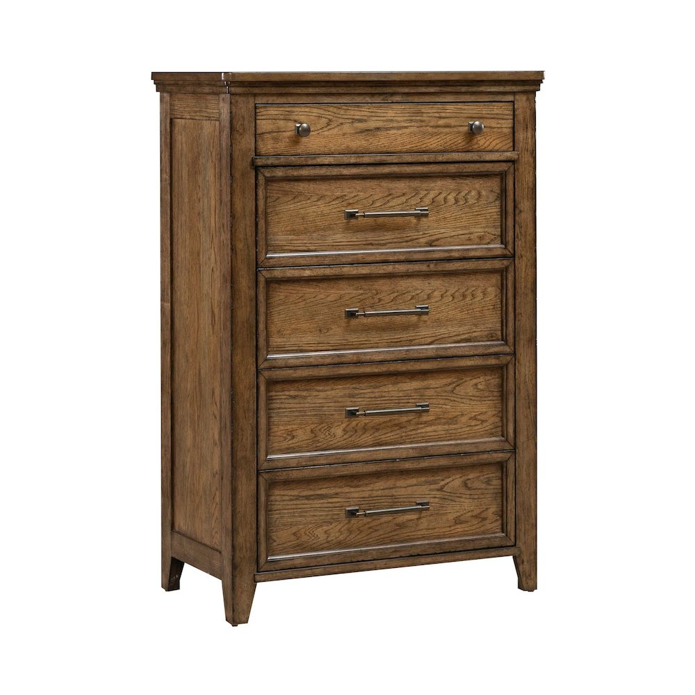 King Panel Bed, Dresser & Mirror, Chest Bedroom Furniture Set - Amber Brown