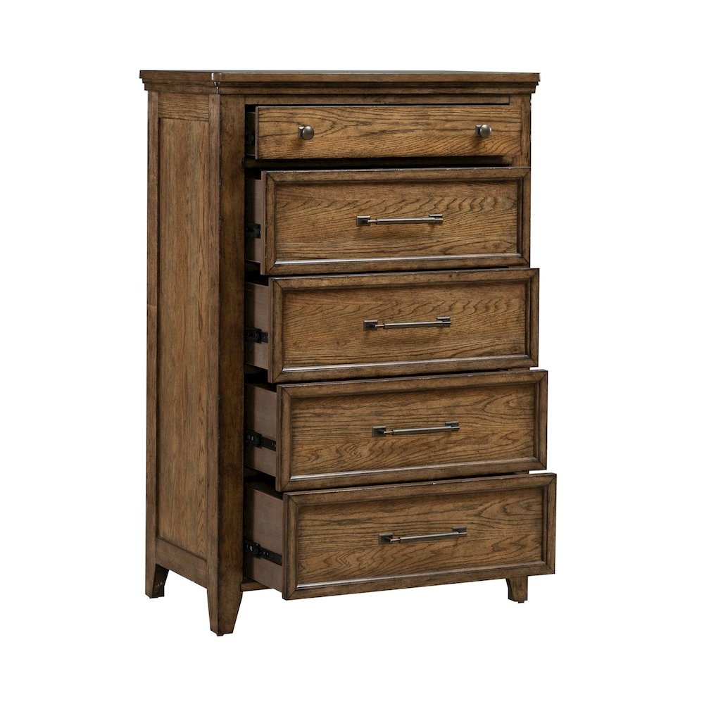 King Panel Bed, Dresser & Mirror, Chest Bedroom Furniture Set - Amber Brown