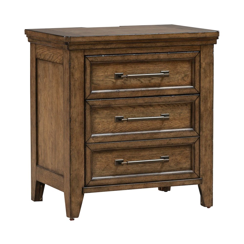 Bedroom Nightstand with AC USB Charging Station Station  - Amber Brown Wood