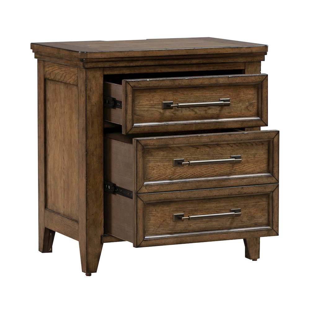 Bedroom Nightstand with AC USB Charging Station Station  - Amber Brown Wood