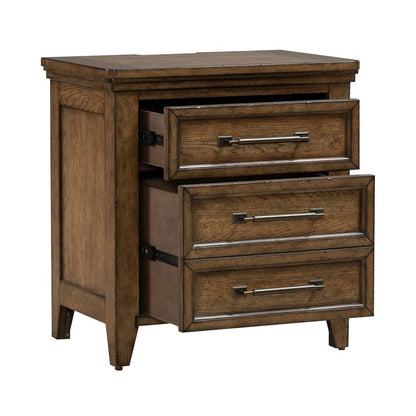 Bedroom Nightstand with AC USB Charging Station Station  - Amber Brown Wood