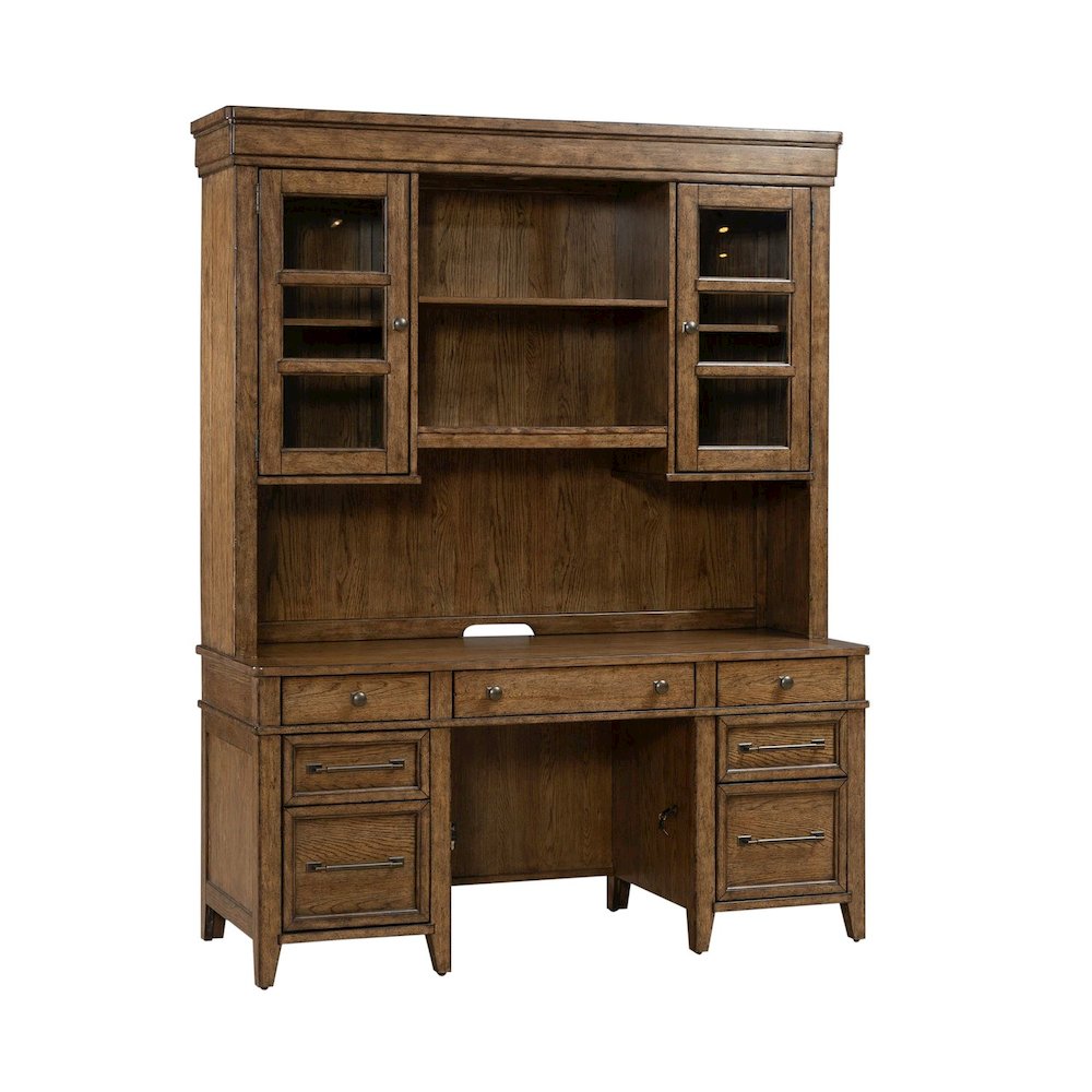 Credenza & Hutch with LED Light, Keyboard Tray - Amber Brown Oak Wood