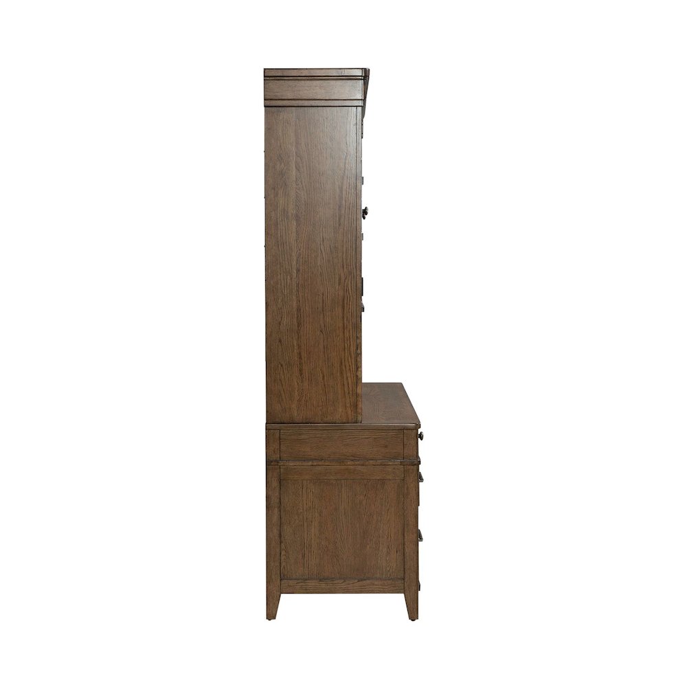 Credenza & Hutch with LED Light, Keyboard Tray - Amber Brown Oak Wood