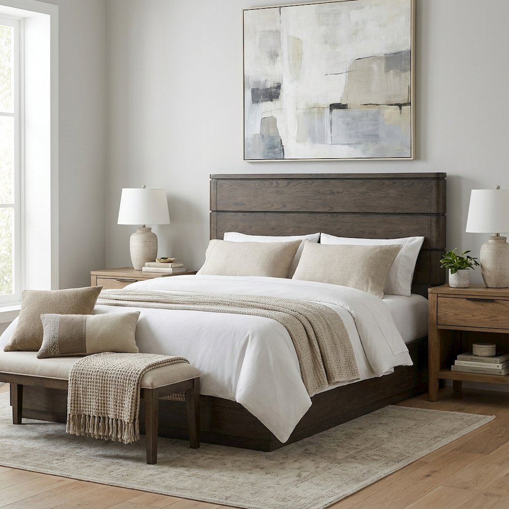 Brown King Panel Bed Headboard with LED Touch Light and Oak Veneers