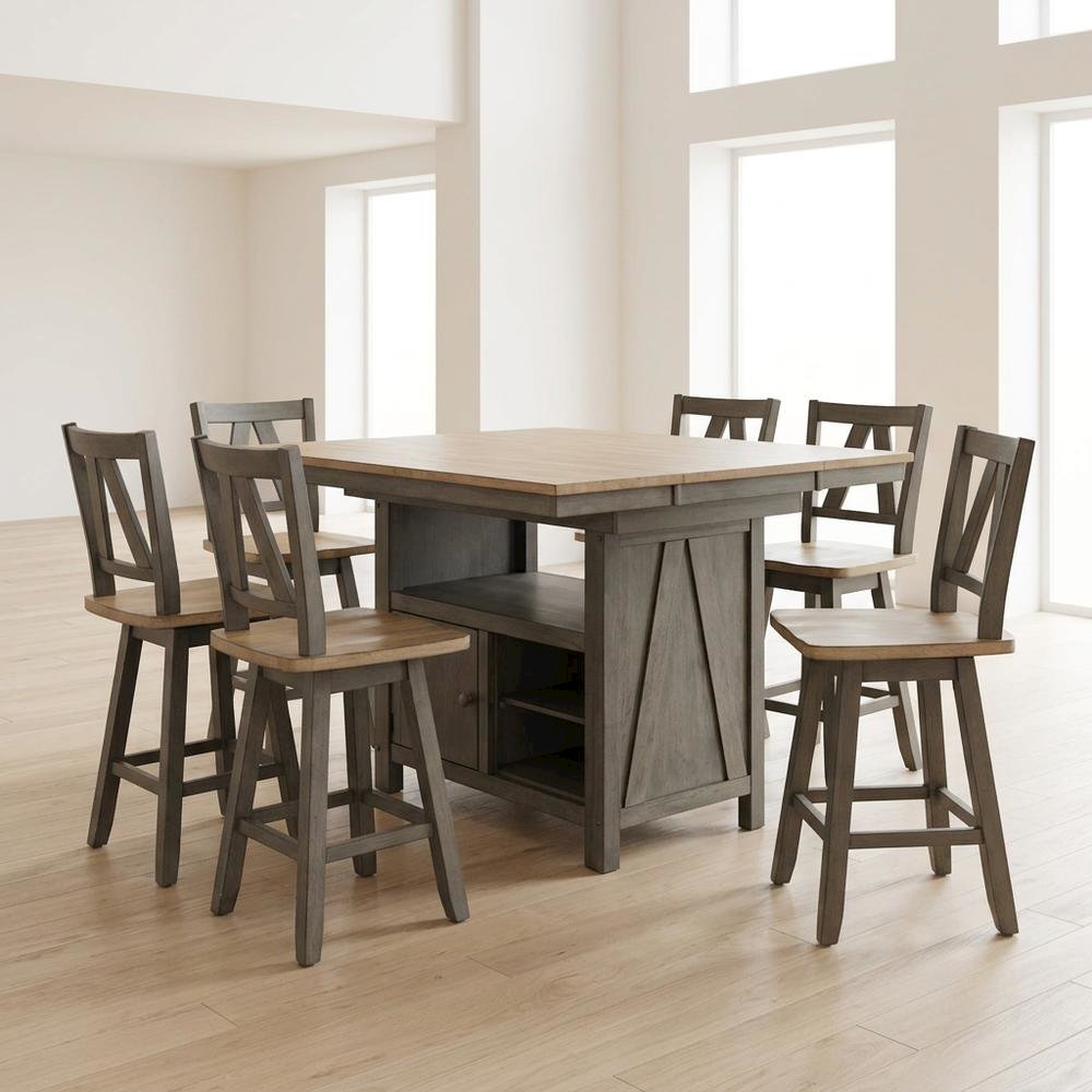 Rustic 7-Piece Dining Table Set in Rubberwood Solids and Veneers