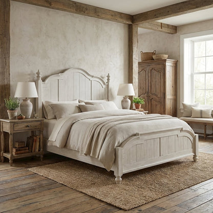 King Poster Headboard Antique White Chestnut Top Solid Wood Farmhouse Design