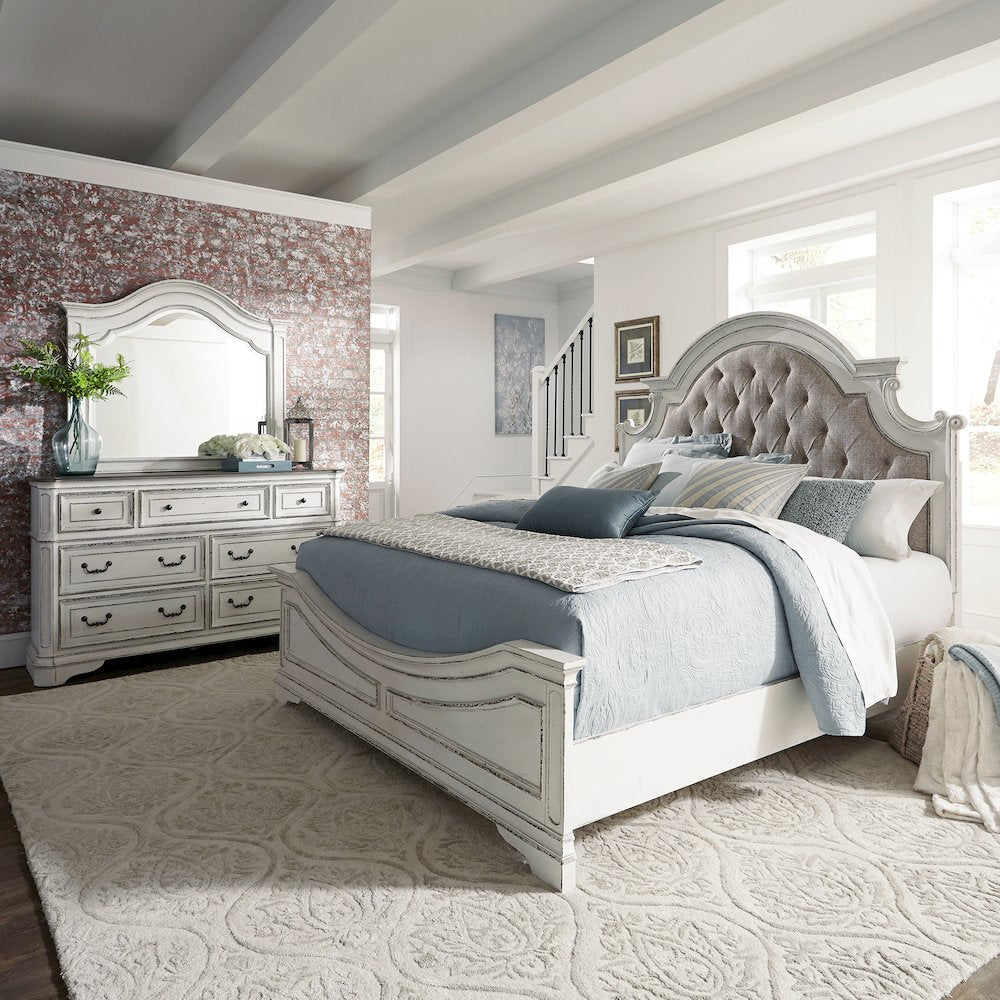 Queen Upholstered Bed, Dresser & Mirror - Antique White & Weathered Bark