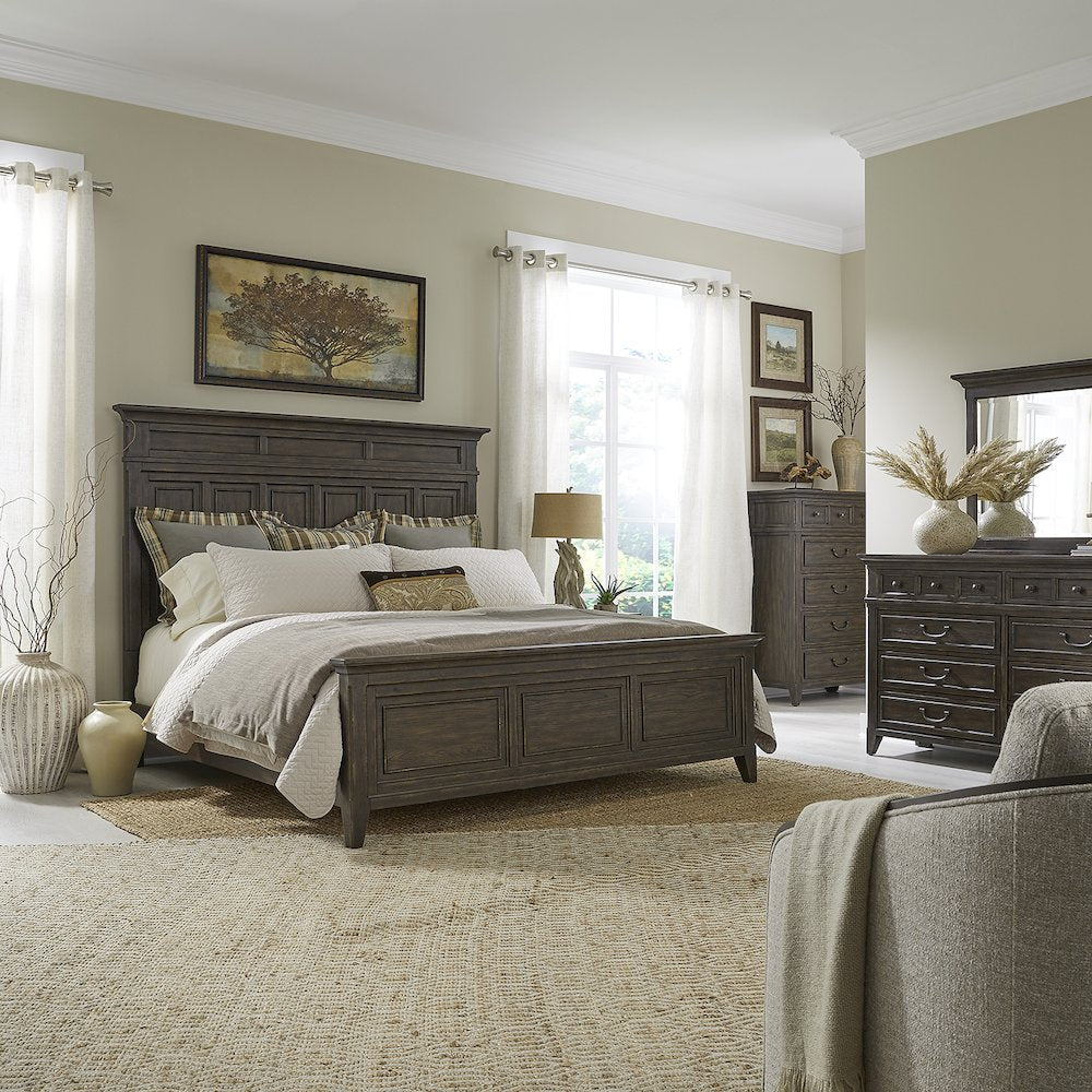 Paradise Valley Queen Panel Bed, Dresser & Mirror, Chest - Saddle Brown