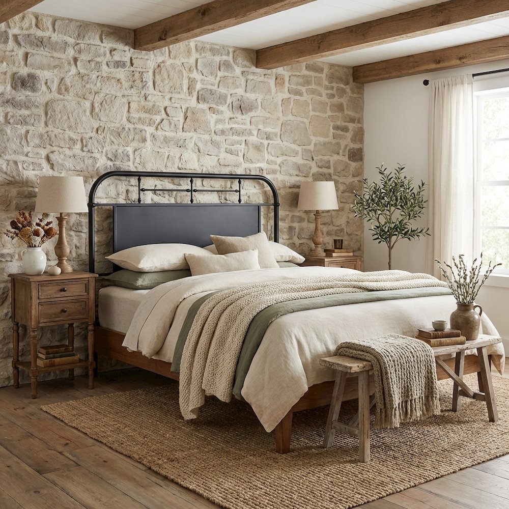 Distressed Metal Full Metal Headboard with Vintage Design and Metal Frame