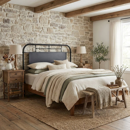 Distressed Metal Full Metal Headboard with Vintage Design and Metal Frame