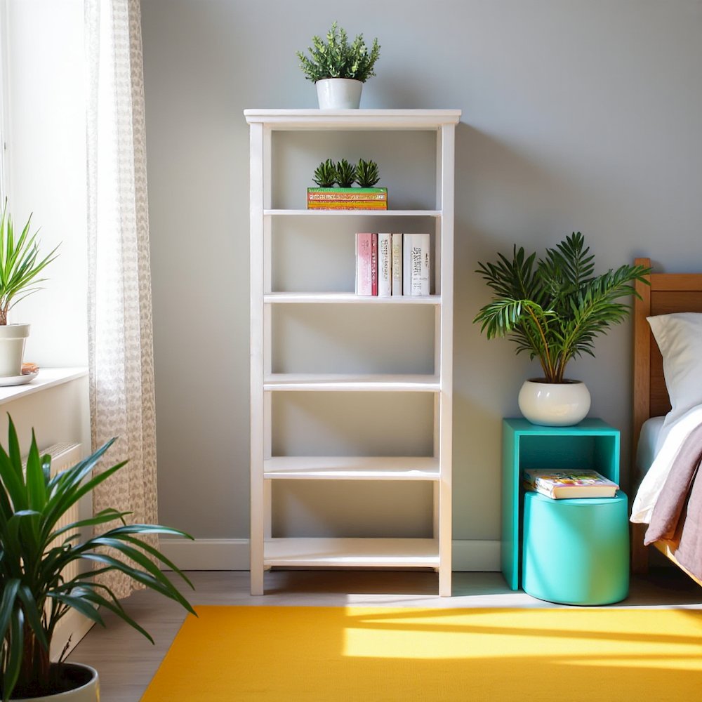 White Narrow 5-Tier Bookcase, Skinny Bookshelf, Tall Narrow Bookshelf