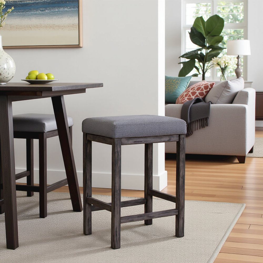 Gray Upholstered Stool for Vanity, Small Vanity Stool with Wooden Legs