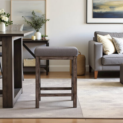 Gray Upholstered Stool for Vanity, Small Vanity Stool with Wooden Legs