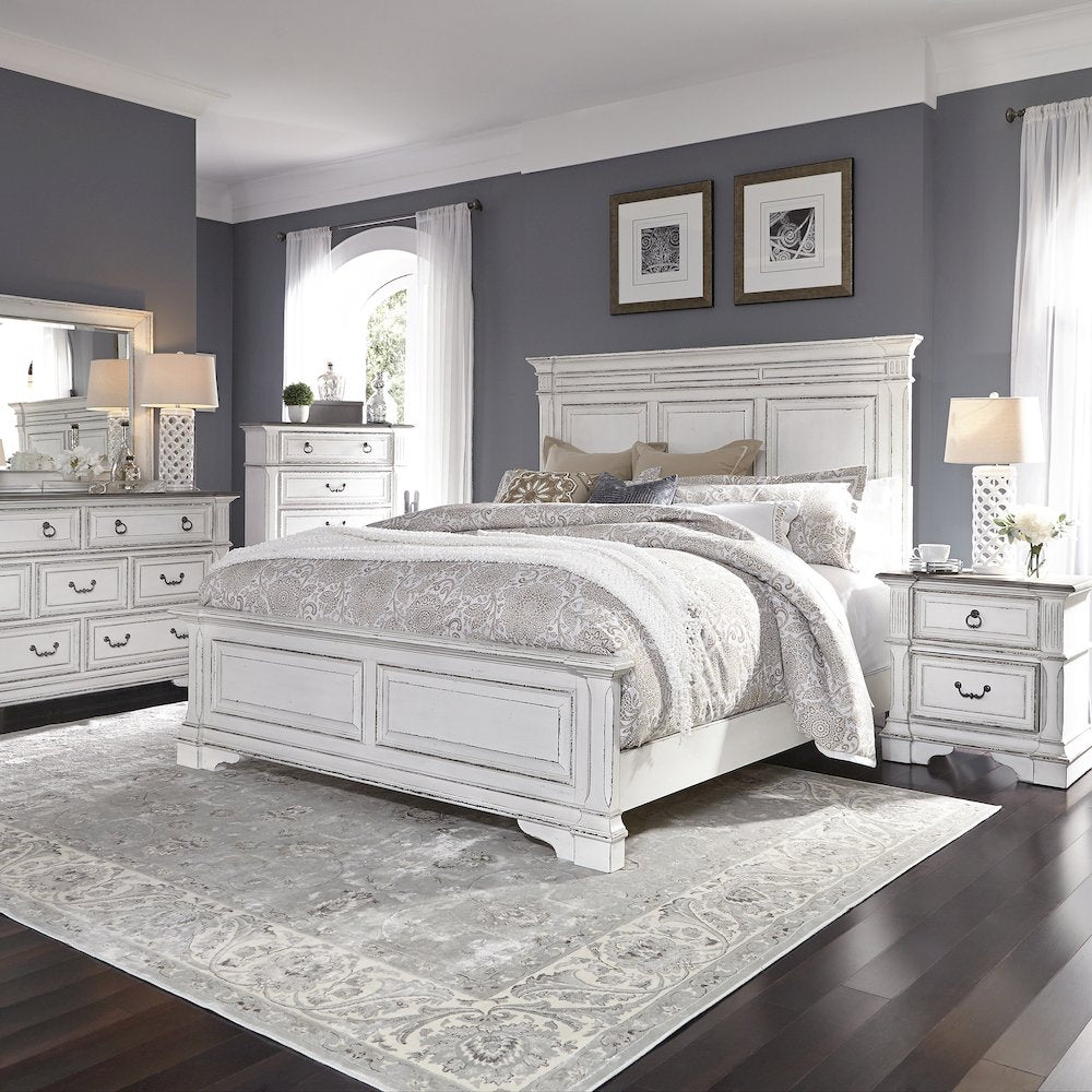 Abbey Park Queen Panel Bed, Dresser & Mirror, Chest, Night Stand