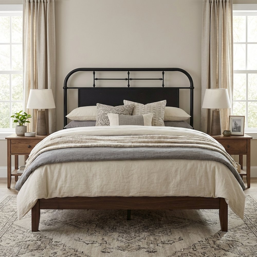 Distressed Metal Full Metal Headboard with Vintage Design and Metal Frame