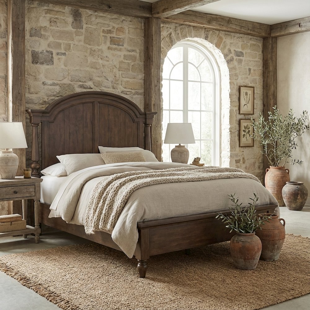 Cherry Brown Queen Poster Bed Headboard, Arched Design, Traditional Wood Style
