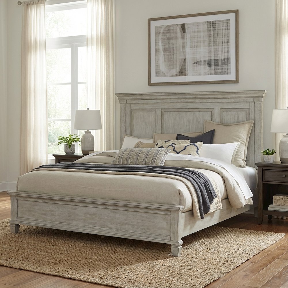 Antique White, Tobacco Top Panel Headboard, Wood Construction, Farmhouse Design