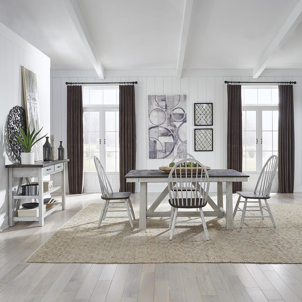 Farmhouse Optional 5 Piece Trestle Table Set in Two Tone White w/ Wood Tone Top