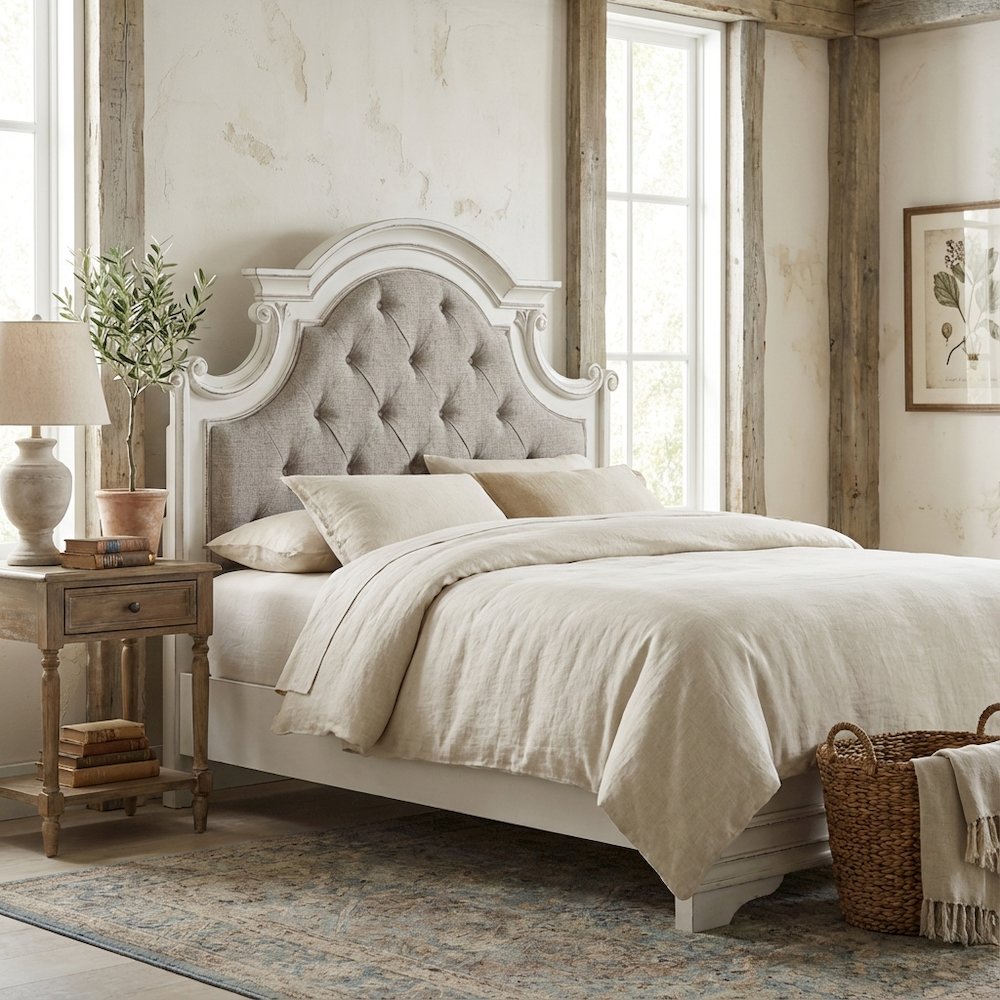 Antique White & Weathered Bark Upholstered Panel Headboard Solid Wood
