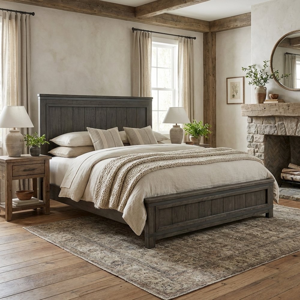 Rock Beaten Brown Panel Headboard with Saw Cuts Rustic Solid Wood Design
