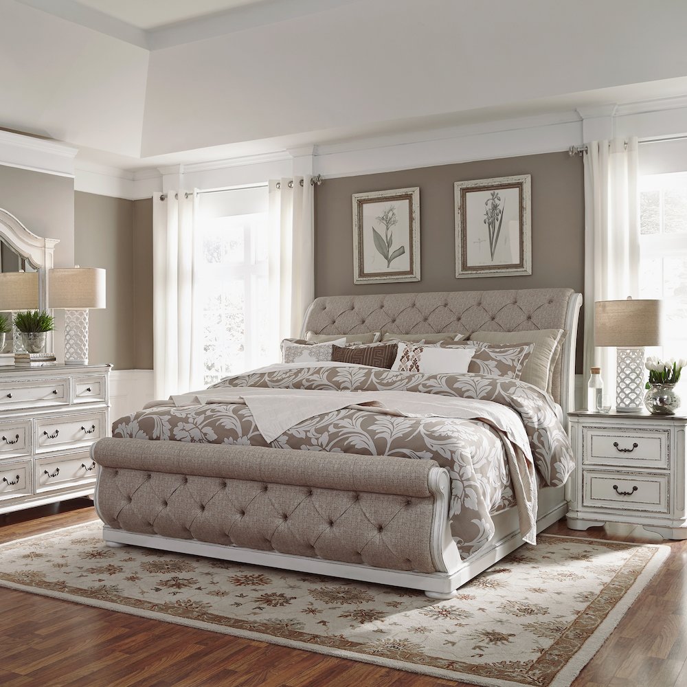 Magnolia Manor California King Sleigh Bed, Dresser & Mirror, Night Stand - White