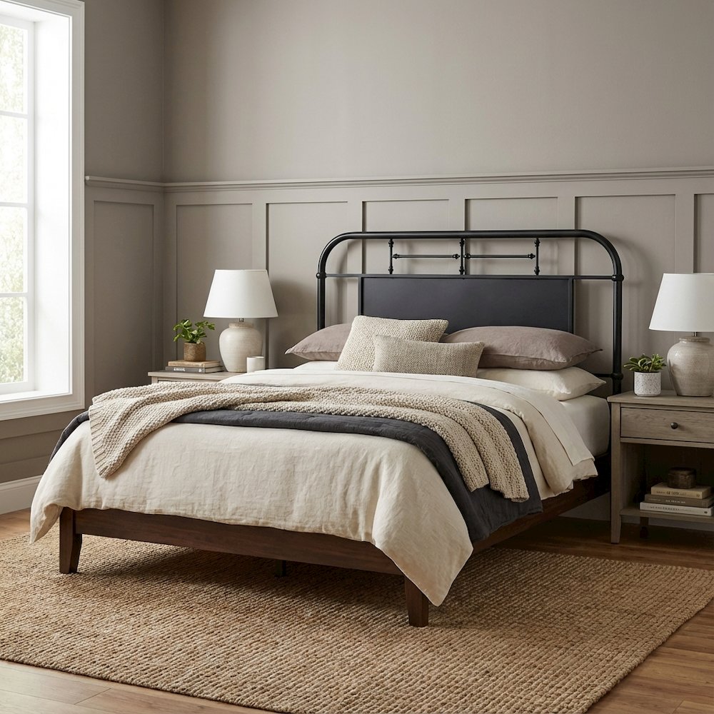 Distressed Metal Queen Metal Headboard with Vintage Design and Metal Tube Frame